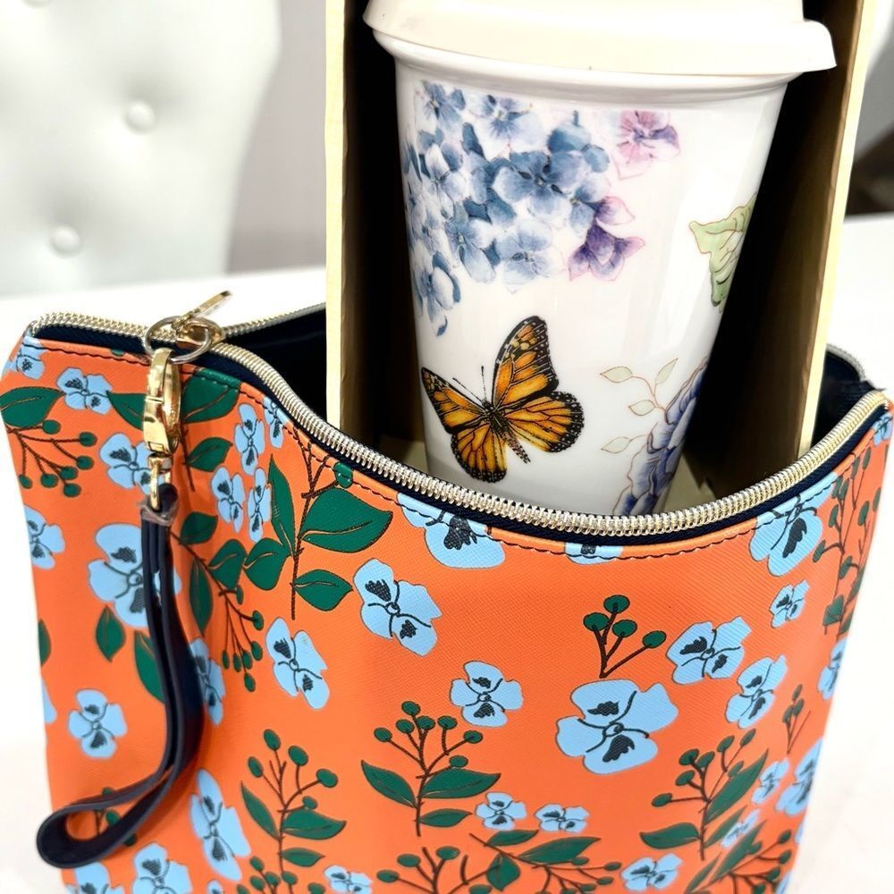 GLAM PACK!! Orange and Blue Floral Cosmetic Bag with Lenox Butterfly Meadow Mug